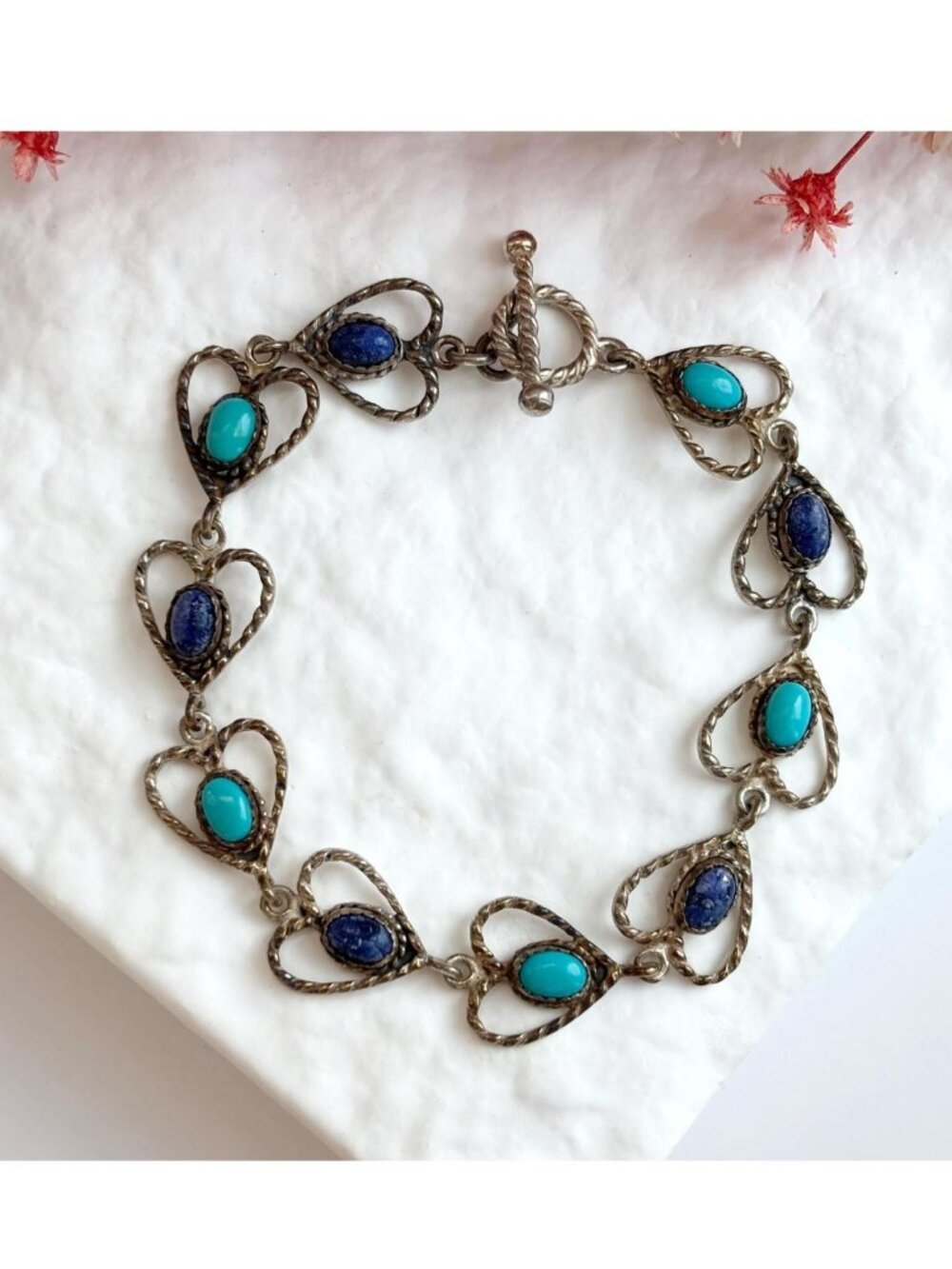 Q.T. QUOC Turquoise & Lapis Gemstone Vintage Sterling Silver 925 Bracelet - 7.5"